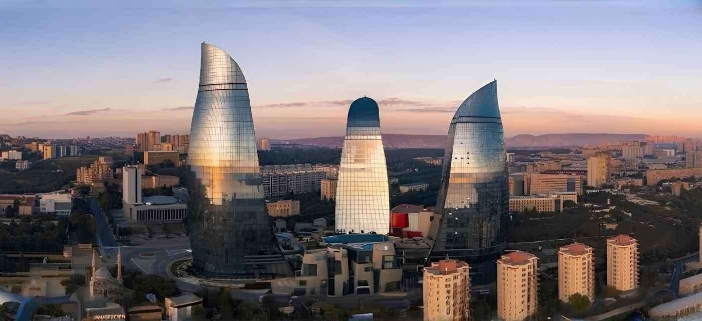 Baku Azerbaijan City Skyline Old City and Caspian Sea Travel