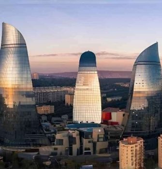 Baku Azerbaijan City Skyline Old City and Caspian Sea Travel