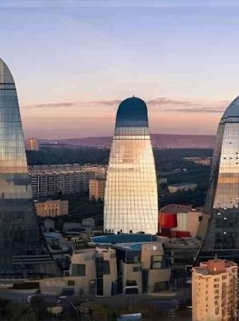 Baku Azerbaijan City Skyline Old City and Caspian Sea Travel