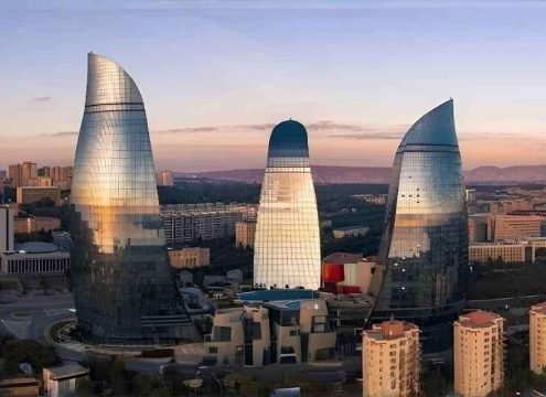 Baku Azerbaijan City Skyline Old City and Caspian Sea Travel