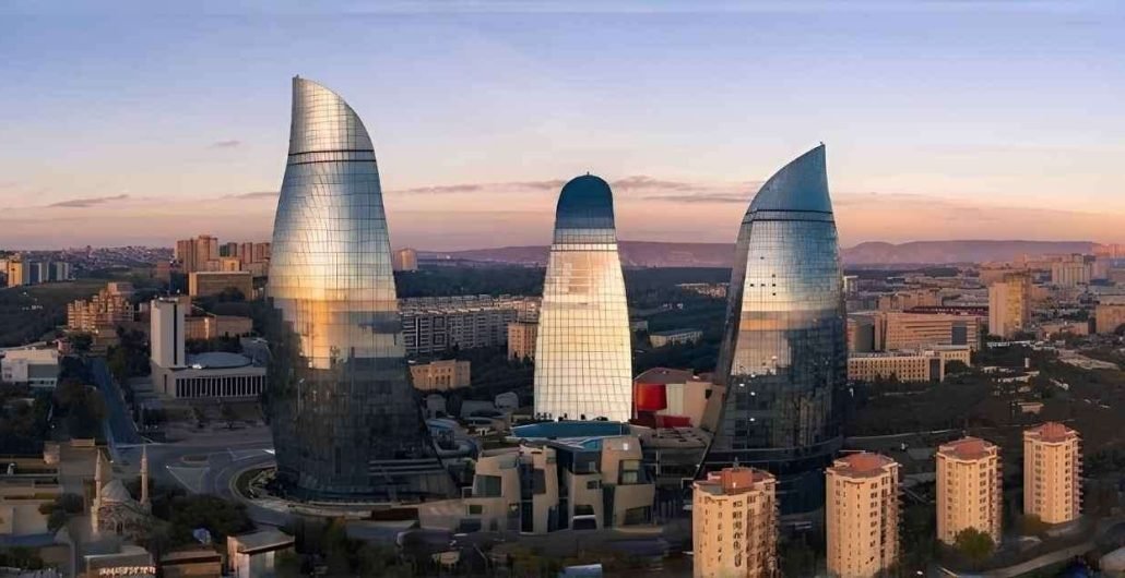Baku Azerbaijan City Skyline Old City and Caspian Sea Travel